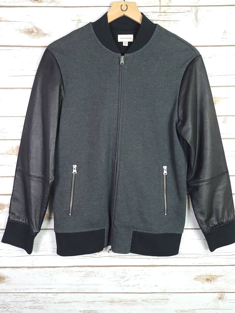Club Monaco Grey Bomber Jacket Black Leather Sleeves Small